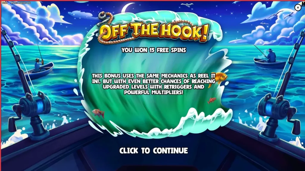 Tangkapan layar permainan slot Marlin Masters OG menunjukkan gulungan yang penuh dengan simbol ikan dan nelayan di latar belakang laut biru yang tenang.