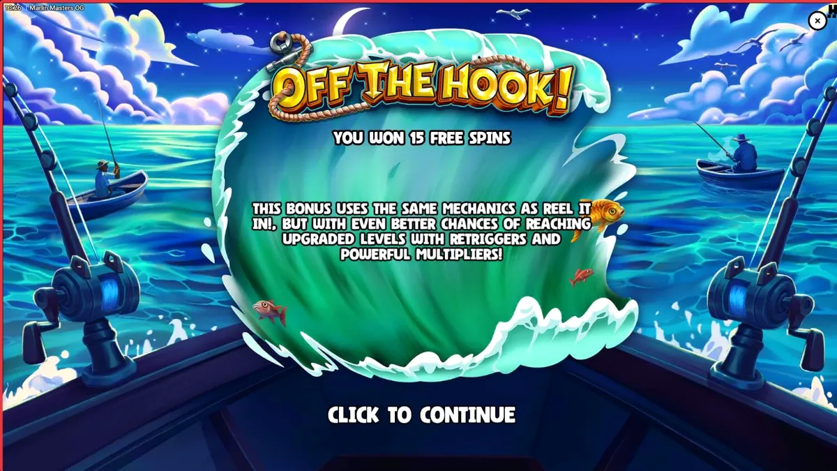 Tangkapan layar permainan slot Marlin Masters OG menunjukkan gulungan yang penuh dengan simbol ikan dan nelayan di latar belakang laut biru yang tenang.