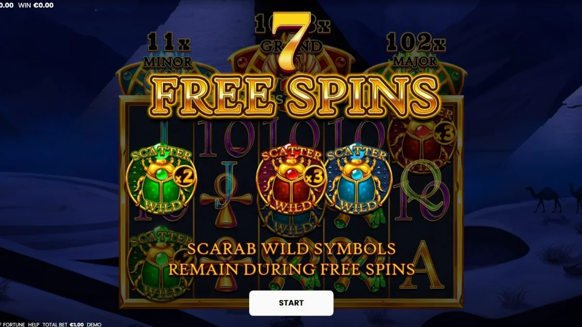 Tampilan visual slot 3 Scarabs of Fortune dengan tema Mesir kuno dan simbol scarab emas.