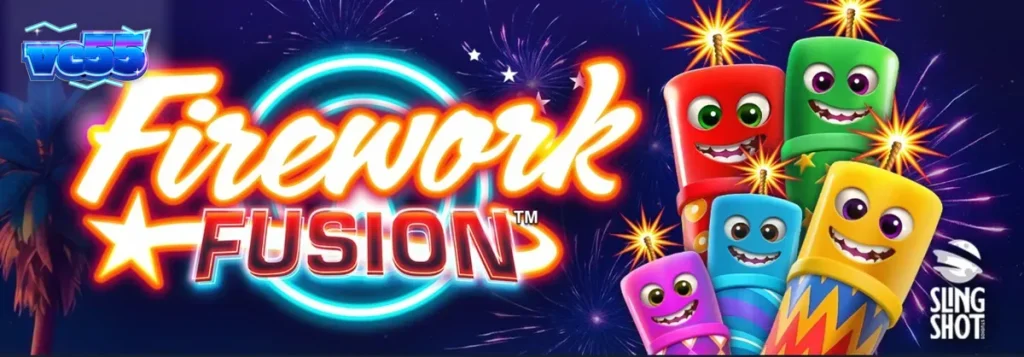 Tampilan visual slot Firework Fusion dengan latar belakang karnaval tepi pantai dan kembang api.